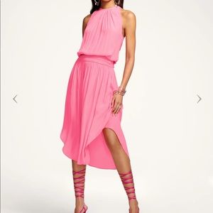 Slinky fuschia smock-waist halter dress